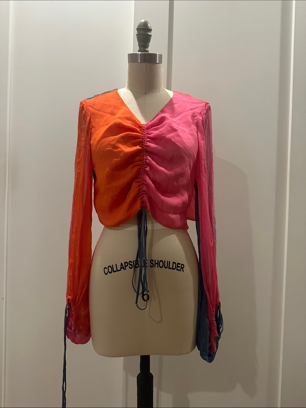 Colorblock Orange-Pink Ruched V-Neck blouse